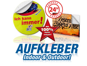 Aufkleber wetterfest mit UV-Lack und UV-Druck einseitig auf weißer PVC-Folie mit Rückseitenschlitzung. Auch digitale Aufkleber, Sonderformen und auf transparenter Folie. Alles auf www.47print.com.