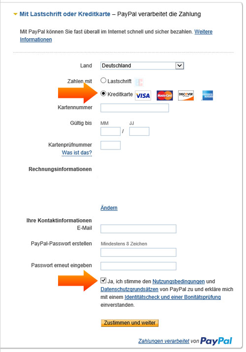 Wählen Sie Kreditkarte aus und setzen Sie den Haken ganz unten.